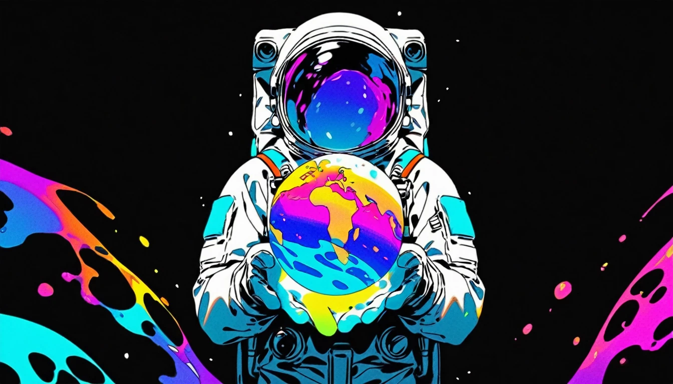 an astronaut, , black background, front view, holding something with both hands, holding a melting planet, black and white image, the only planet with color in the image, neon colors