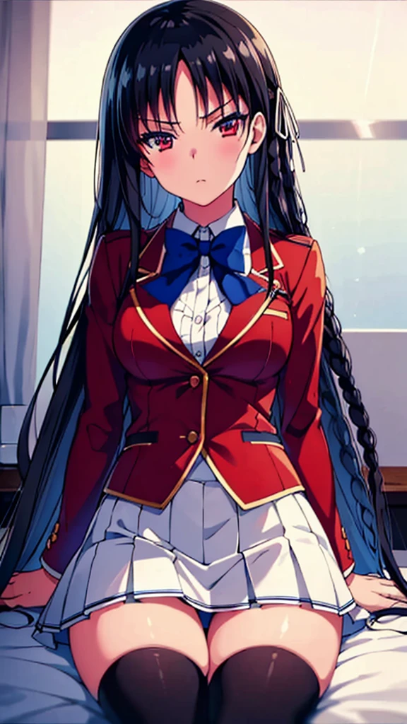 masterpiece, best quality, high resolution, best illustration, super fine illustration, (official art:0.6), anime screencap, detailed beautiful face and eyes, anime keyvisual, (perfect anatomy:1.5), 8k portrait,
1girl,
Suzune Horikita,
Suzune Horikita \(youjitsu\),
long hair, braid,
black hair,
(red eyes:1.2), slant eyes, small eyes,
blue bow,
medium breasts,
(uniform, red jacket, white skirt, pleated skirt, black thigh-high socks),
looking at viewer,
cowboy shot,
perfect light, background of indoor, lie on the bed, nsfw