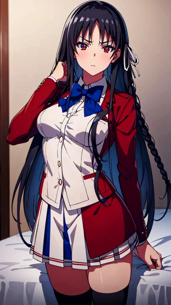 masterpiece, best quality, high resolution, best illustration, super fine illustration, (official art:0.6), anime screencap, detailed beautiful face and eyes, anime keyvisual, (perfect anatomy:1.5), 8k portrait,
1girl,
Suzune Horikita,
Suzune Horikita \(youjitsu\),
long hair, braid,
black hair,
(red eyes:1.2), slant eyes, small eyes,
blue bow,
medium breasts,
(uniform, red jacket, white skirt, pleated skirt, black thigh-high socks),
looking at viewer,
cowboy shot,
perfect light, background of indoor, lie on the bed, nsfw