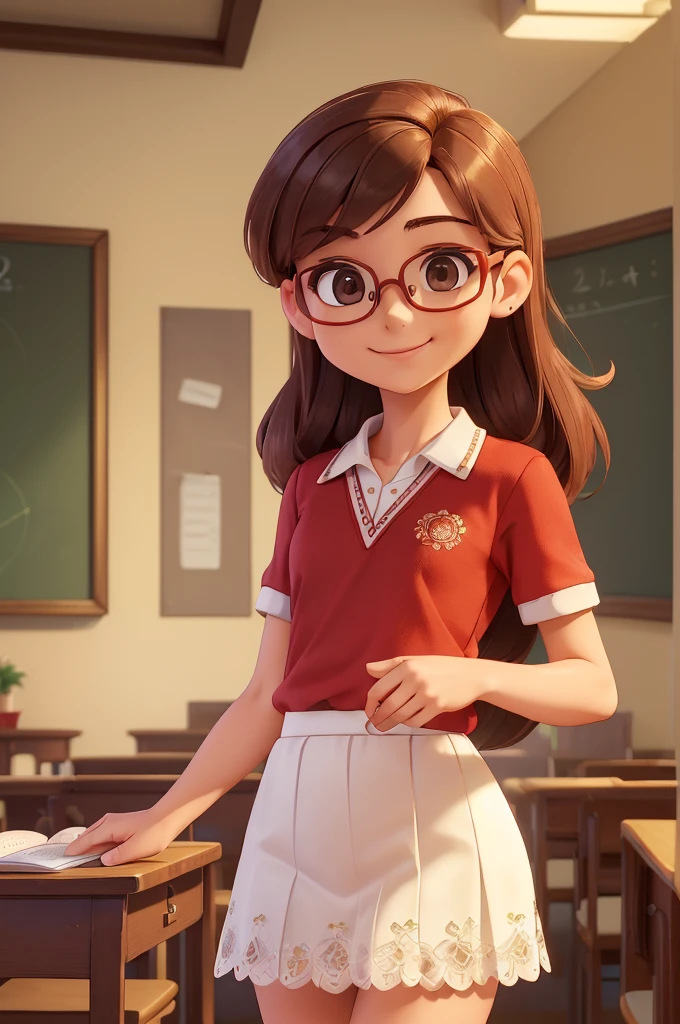 (A small chest:1.3),(Masterpiece, Best quality:1.4), (Beautiful, Aesthetic, Perfect, Delicate, Intricate:1.2),((Best quality)), ((Masterpiece)), (Detailed),(A high resolution:1.2), Classroom, An adult female, Smiling Claudia Chever, Red shirt, White skirt, Glasses, Bend over, angle of view,