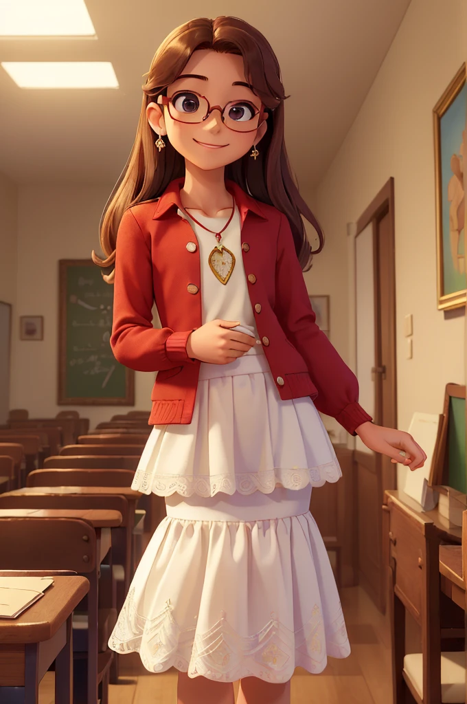 (A small chest:1.3),(Masterpiece, Best quality:1.4), (Beautiful, Aesthetic, Perfect, Delicate, Intricate:1.2),((Best quality)), ((Masterpiece)), (Detailed),(A high resolution:1.2), Classroom, An adult female, Smiling Claudia Chever, Red shirt, White skirt, Glasses, Bend over, angle of view,