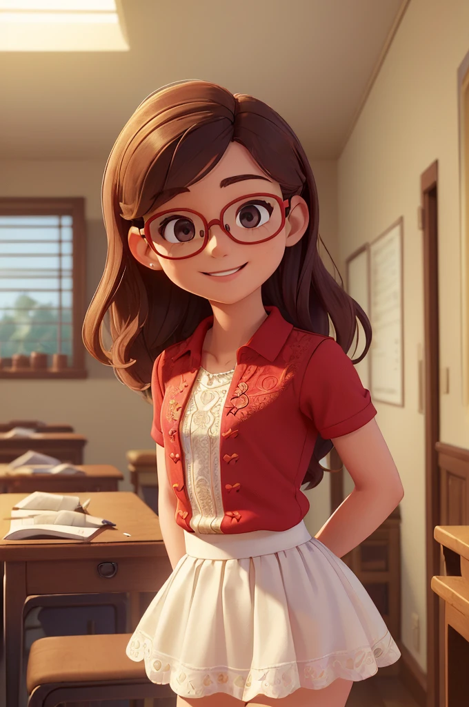 (A small chest:1.3),(Masterpiece, Best quality:1.4), (Beautiful, Aesthetic, Perfect, Delicate, Intricate:1.2),((Best quality)), ((Masterpiece)), (Detailed),(A high resolution:1.2), Classroom, An adult female, Smiling Claudia Chever, Red shirt, White skirt, Glasses, Bend over, angle of view,