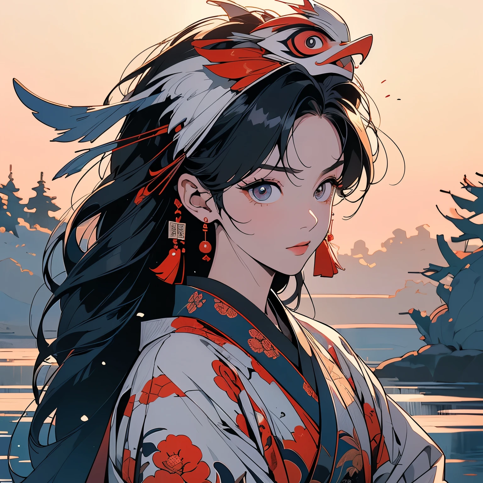 kimono, 完璧なkimono, 詳細なkimono, first-class, Super detailed, torii, Night view, forest, lake, (((狐をモチーフにしたSuper detailedな装飾))),One Woman, Perfect Face, Japan, Lantern, Faint lighting, mysterious, (((Cowboy Shot))), Super detailedな髪、 Sparkling eyes, Suspicious face, Brightly colored obi, The wind is blowing, monster, Japanese style, Candle, Panorama, Long Shot, Colorful backgrounds, (((Scary beauty))),Red eyes, (((Japanの伝統的な模様))), (((Slender and sharp eyes))),(((He is wearing a Tengu mask on his head.)))