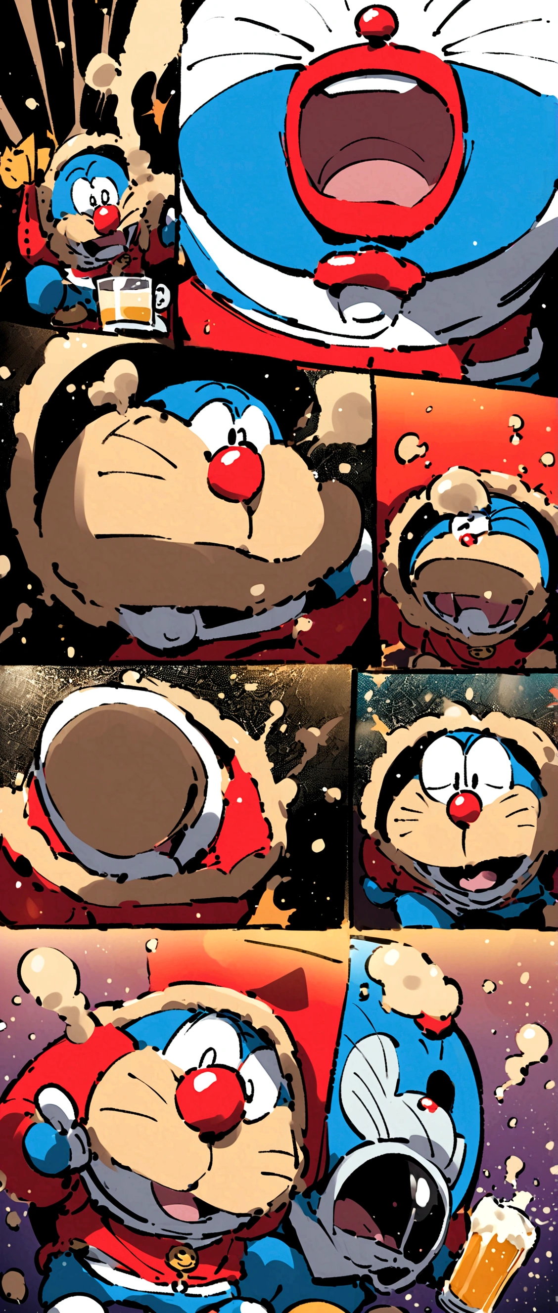 Doraemon,drink beer,Japanese comic style,Background of future Japanese streets,Wearing a futuristic space suit,Lots of beer glasses,Japanese style,japonisme,真实Doraemon头像