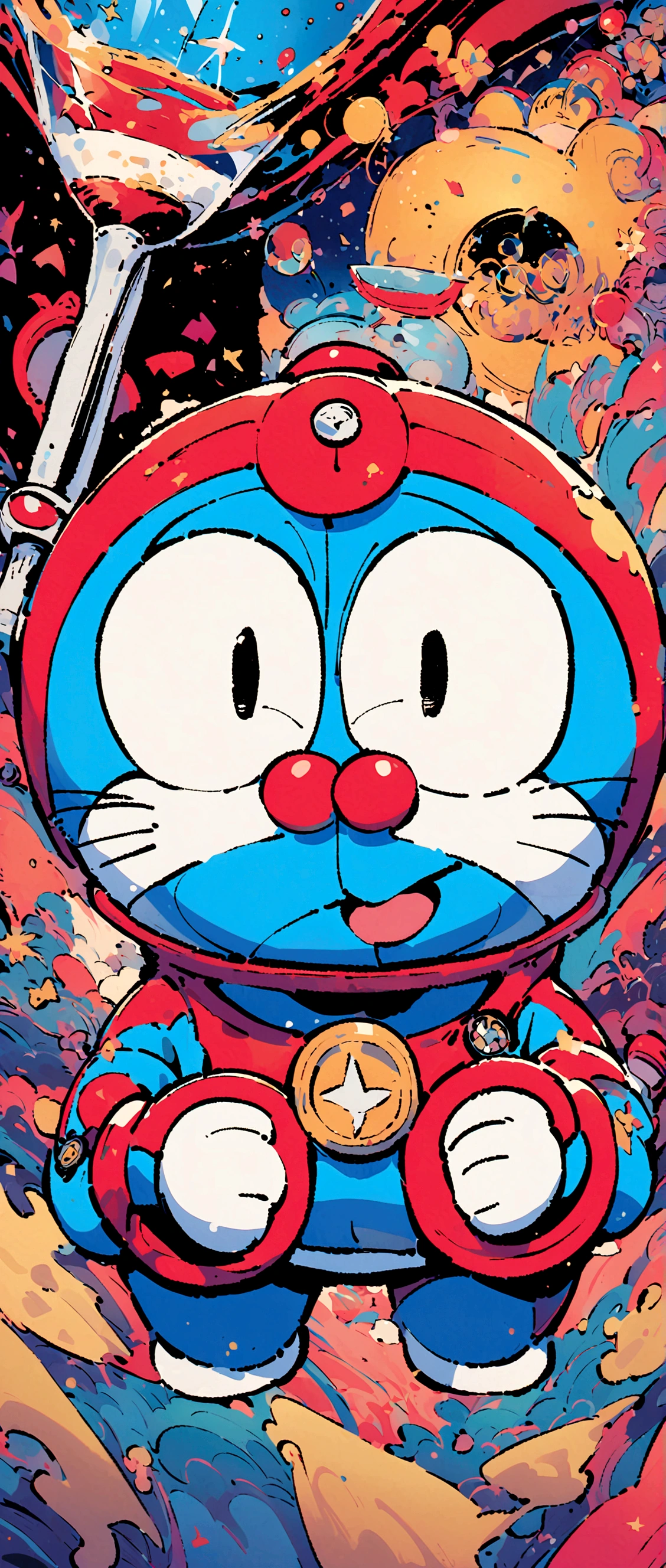 Doraemon,drink beer,Japanese comic style,Background of future Japanese streets,Wearing a futuristic space suit,Lots of beer glasses,Japanese style,japonisme,真实Doraemon头像