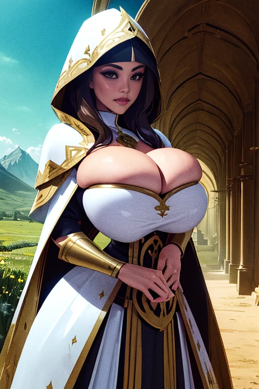 (Masterpiece, Superior quality, Best Quality, Official Art, beautiful and aesthetic:1.2), (1 girl:1.3), light freckles, White skin, extremely detailed, portrait, looking at the viewer, Alone, (whole body:0.6), detailed bottom, close up, (Warm grassland theme:1.1), Holy Knight Paladin, charlatan, affected smile, Mysterious, swinging in the mountains, skimpy clothing, ornate white and gold armor, hood, nun hood, wimple, hood, breastplate, tabard, ruff, hood, shoulder pads, Kneepads, armored, long boots, Long sword, armor, layer, cloak, White cloth, pale leather, ((giant breasts)), thin waist, thin hips, long legs, medieval (mountain outside:1.1) bottom, dark Mysterious lighting, darkness, magical atmosphere, dutch angle, (((balsamic)))