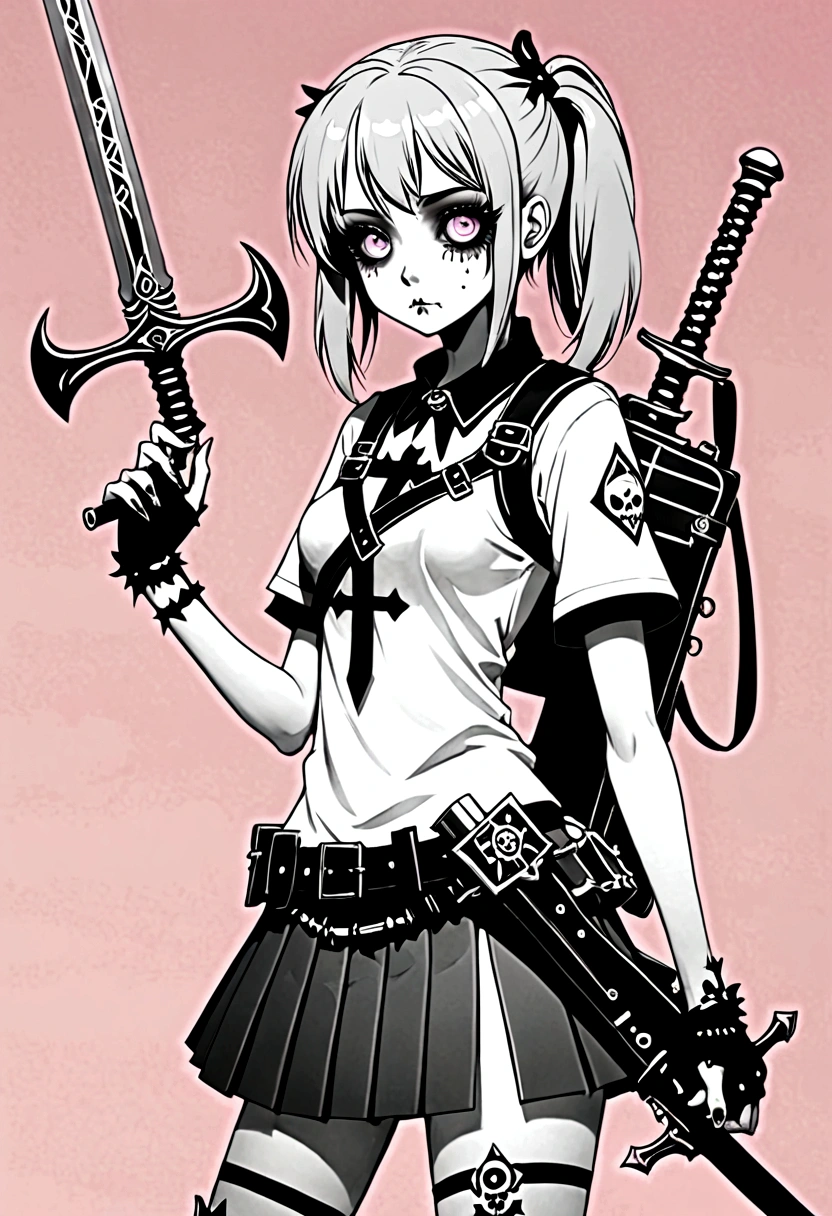 Black and White, Zombie warrior holding Gothicpunk weapons. anime pastel dream. kawaiitech pastel colors, moecore. chibicore. soft cute shoujo anime style.