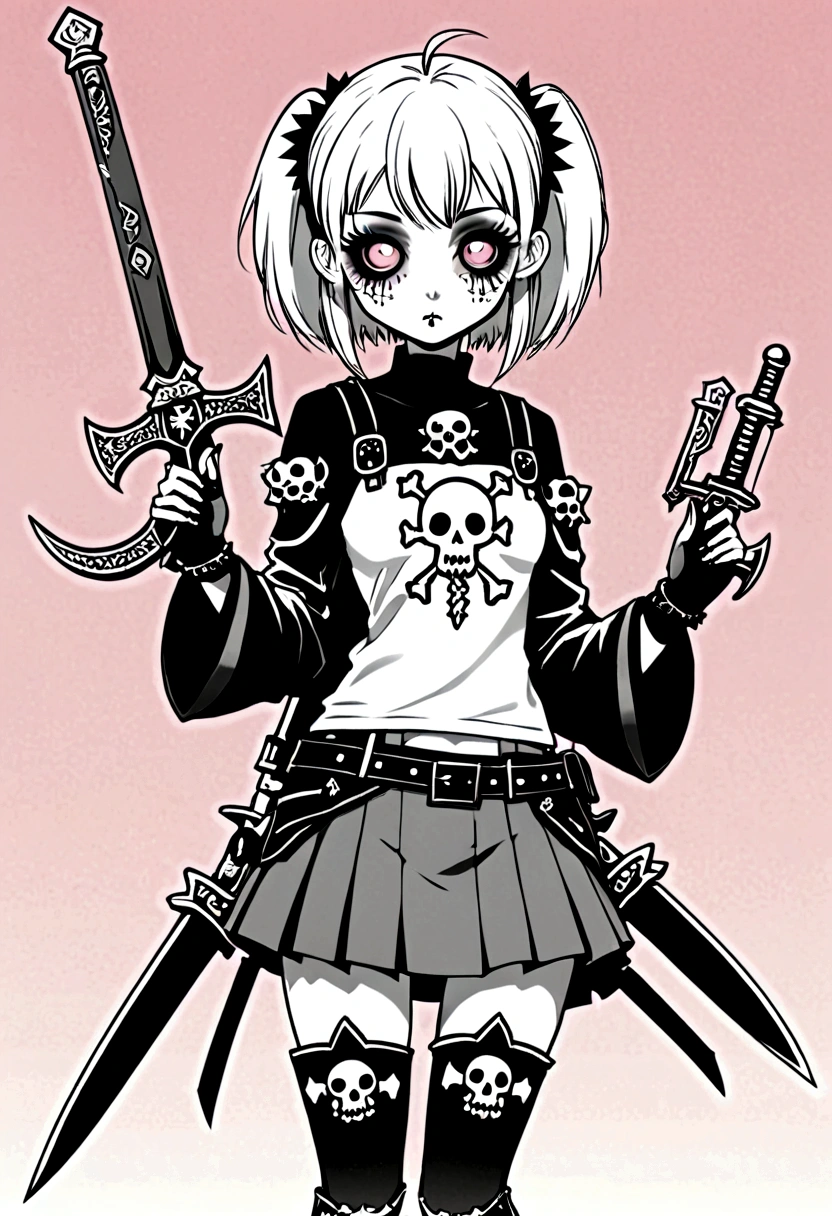 Black and White, Zombie warrior holding Gothicpunk weapons. anime pastel dream. kawaiitech pastel colors, moecore. chibicore. soft cute shoujo anime style.