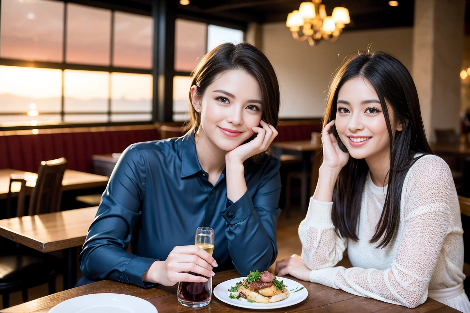 ((Highest quality、8K、masterpiece:1.3))、1 male 1 female、Slim Beauty、Beautiful couple、smile、full-course dinner、 (Slim face), (the body is スリム), (Brown Hair), (Shortcuts), ((Bob Hale、Straight hair:1.2)), テーブルの上のwine glass、Shine light on your face、 Amazing view of the sunset sky and clouds、smileの美しさ、Bright image、Blushing, Shortcuts, (Age 35), 39 years old, Appetizers、Italian food、Wine bottle、Champagne、sparkling wine、Long sleeve shirt、Pink Dress、Attractive beauty、restaurant, Nova Frog Style, actress, model, Upper Body, White wine, red wine, wine glass,