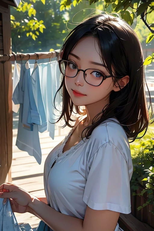 Highest quality、masterpiece、High sensitivity、High resolution、Detailed Description、housewife、Glasses、Washed clothes、Drying in the sun、
