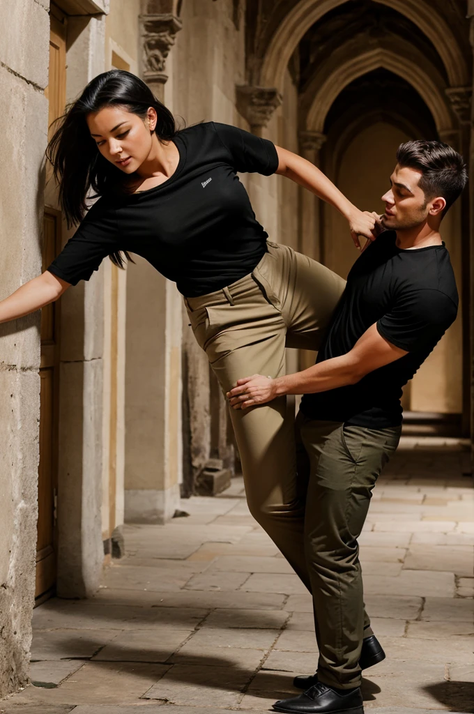  a woman wearing black shirt with a khaki pants falling on A man wearing white shirt and black pants in an old castle's corridor