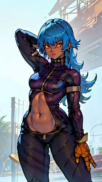 Highly detailed, 1 girl, kulams, split-colored hair, blue kula's gloves, Orange kula's clothes, Ebony skin, detailed pink eyes, Thicc body, dinamic action position, 2 earings