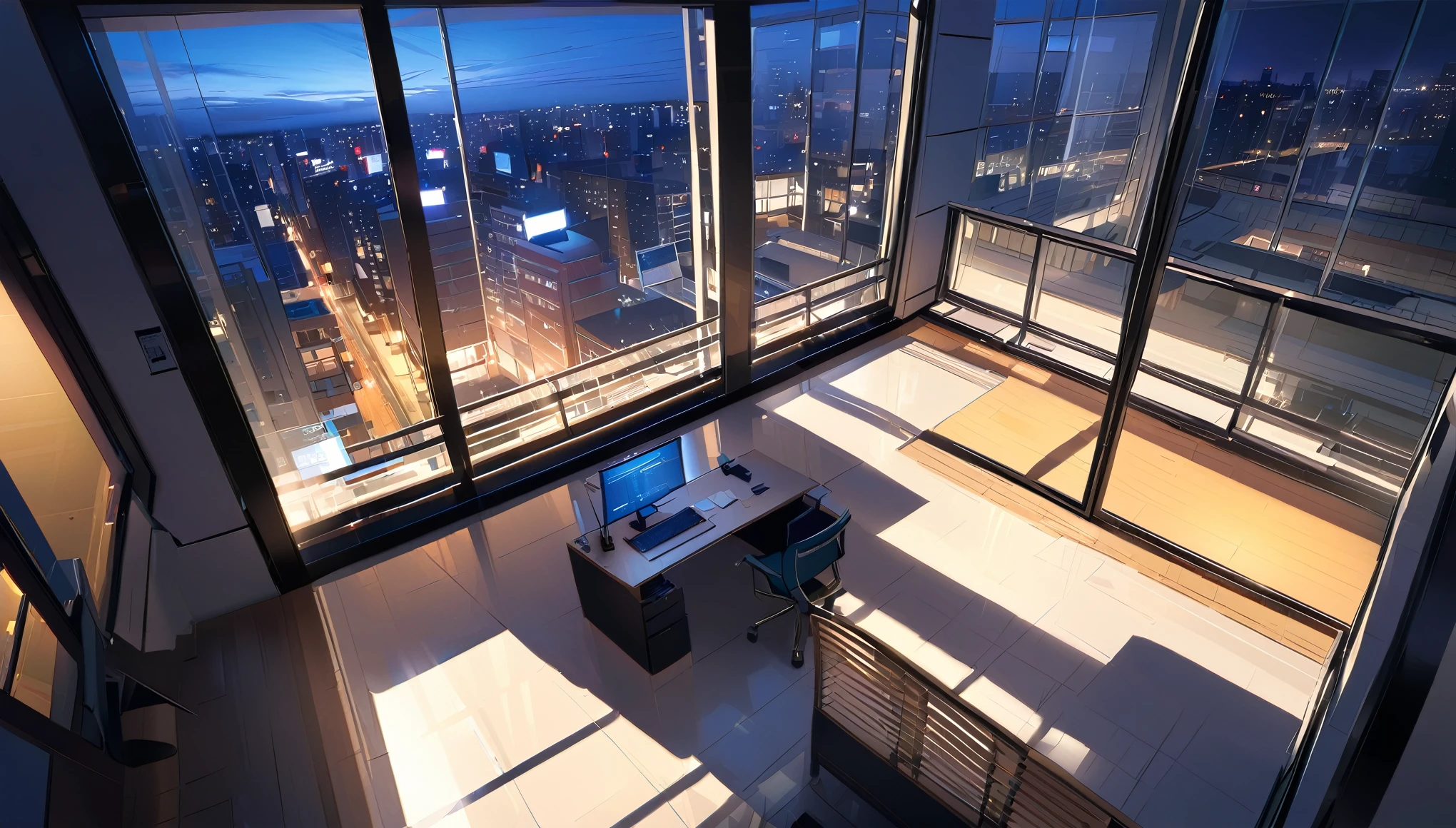 office,总裁的office,Floor-to-ceiling windows,A top-down view of the scene,明亮的office,Night view outside the window
