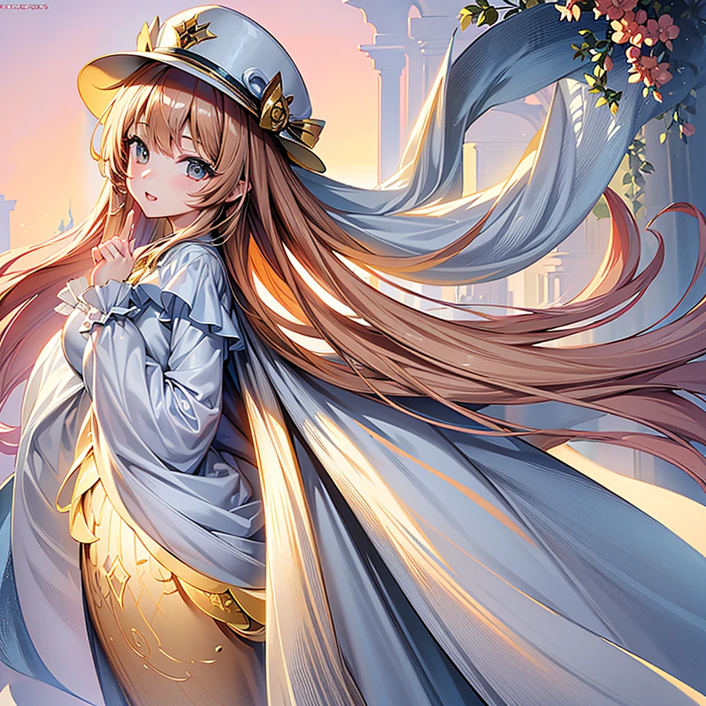 1girl、(((Best Quality、Masterpiece、Official Art、Anime Style、The best dynamic composition、超detailed)))、Shine Muscat personification,,Light soft color coat and hat,Super huge、detailed、whole body、