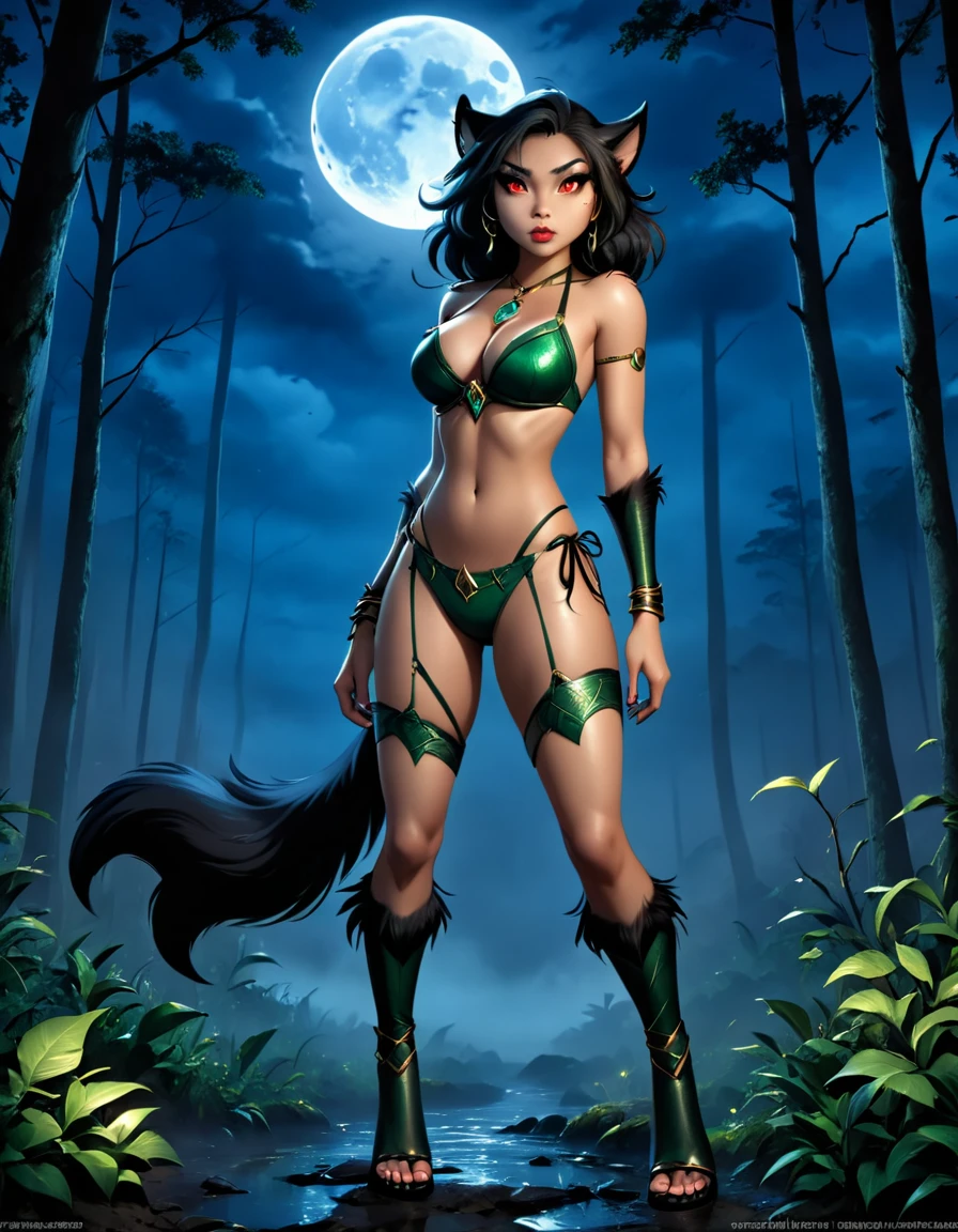 A beautiful busty Asian werewolf woman in a g string bikini and high heel boots, standing in a dark forest at night with a full moon and dark clouds, (best quality,4k,8k,highres,masterpiece:1.2),ultra-detailed,(realistic,photorealistic,photo-realistic:1.37),extremely detailed eyes and face,longeyelashes,beautiful detailed lips,beautiful detailed eyes,dark fantasy,dramatic lighting,moody atmosphere,glowing eyes,sharp claws,detailed fur texture,glowing moon,dramatic sky,dense foliage,fog,wet ground,vibrant colors