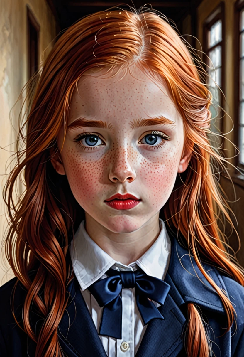 A red-haired girl with straight hair type and has a lock of white hair, He is arrogant but has a tender air and his age is around 8 ., Her eyes are blue and she has freckles on her face but more so on her nose., She is dressed in her  which consists of a navy blue skirt., a navy blue jacket, White shirt, black tie , her lips are painted a reddish color, and is in the hallways of a house Digital image of book character. Digital realism