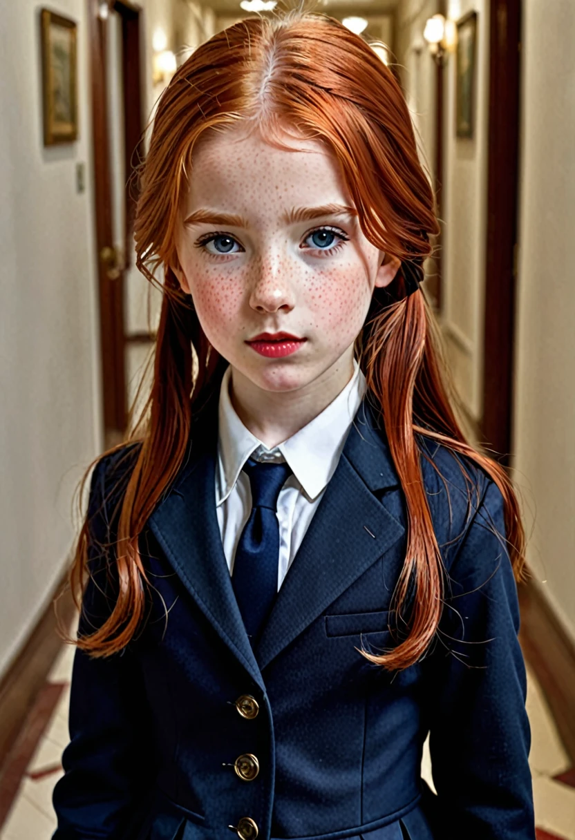 A red-haired girl with straight hair type and has a lock of white hair, He is arrogant but has a tender air and his age is around 8 years old., Her eyes are blue and she has freckles on her face but more so on her nose., She is dressed in her  which consists of a navy blue skirt., a navy blue jacket, White shirt, black tie , her lips are painted a reddish color, and is in the hallways of a house Digital image of book character. Digital realism