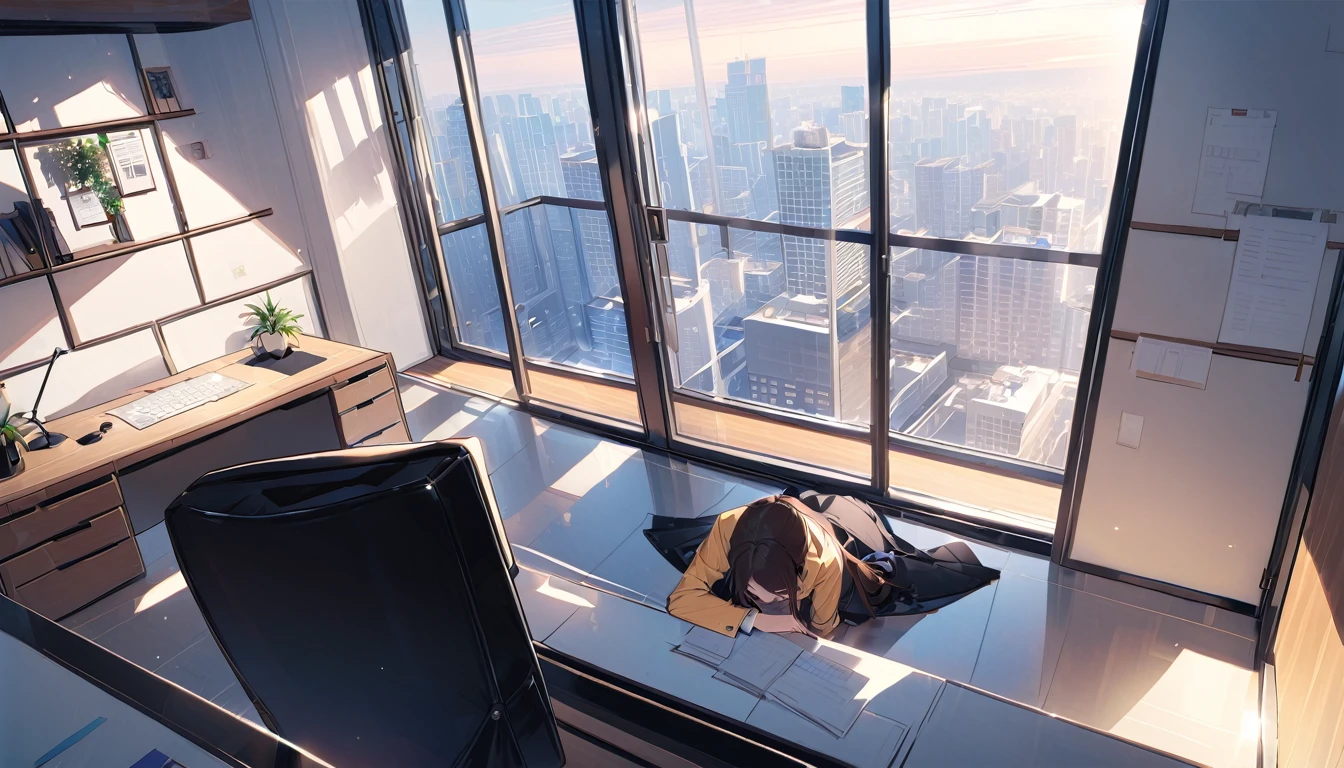 office，总裁的office，Floor-to-ceiling windows，A top-down view of the scene，