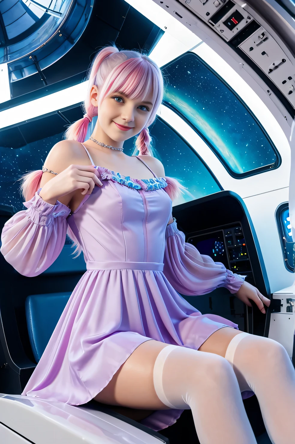 cute 19-year-old neon haired woman, pale white skin, happy, smiling, in twin tails, perfect blue eyes, pale goth skin, silky smooth skin, flying a fancy metal luxurious space ship, futuristic cockpit, she's a pilot, outer space seen in windows, dark warm lighting, wearing a futuristic dress, pleated (chemise) mini dress (pastel rainbow colors, and polka dots), puffy sleeves low cut top, silk, ((pantyhose under dress)), tights, cute short cut booties, boots.