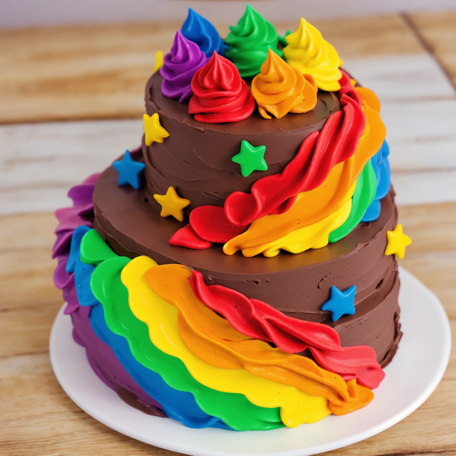 on a wooden table. there is a white plate. double tier chocolate cake ((chocolate cream texture, strokes of a pastry spatula)), rainbow cream in stitches, decorated with rainbow stars made of polymer clay, multi-colored cream on top ((cream highlights)), against the background of the kitchen, Beautiful light from the window, contour light, Multiple light sources, beautiful lighting, Bright light source, bright lighting, beautiful light sources, Multiple light sources, Realistic style , realistic texture, detailed texture, A high resolution, high quality, macro photography