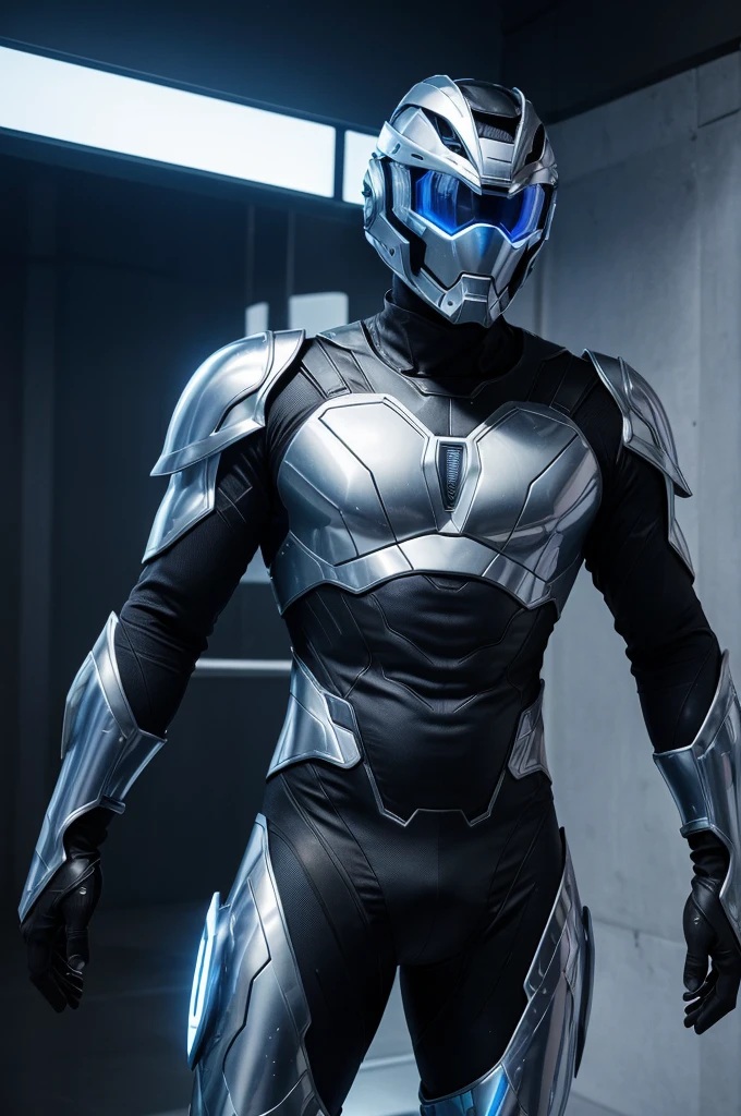 Gallius's costume is sleek and metallic, primarily in silver and blue hues, reflecting gallium's silvery appearance. The suit is designed with a liquid metal aesthetic, featuring flowing lines that give the impression of constant movement. The chest plate has a holographic emblem resembling a droplet of liquid metal, symbolizing gallium's unique property of melting at slightly above room temperature. The costume includes advanced cooling and heating systems to control his temperature-based abilities. Gallius also wears a visor with a built-in HUD (heads-up display) for enhanced vision and tactical information.