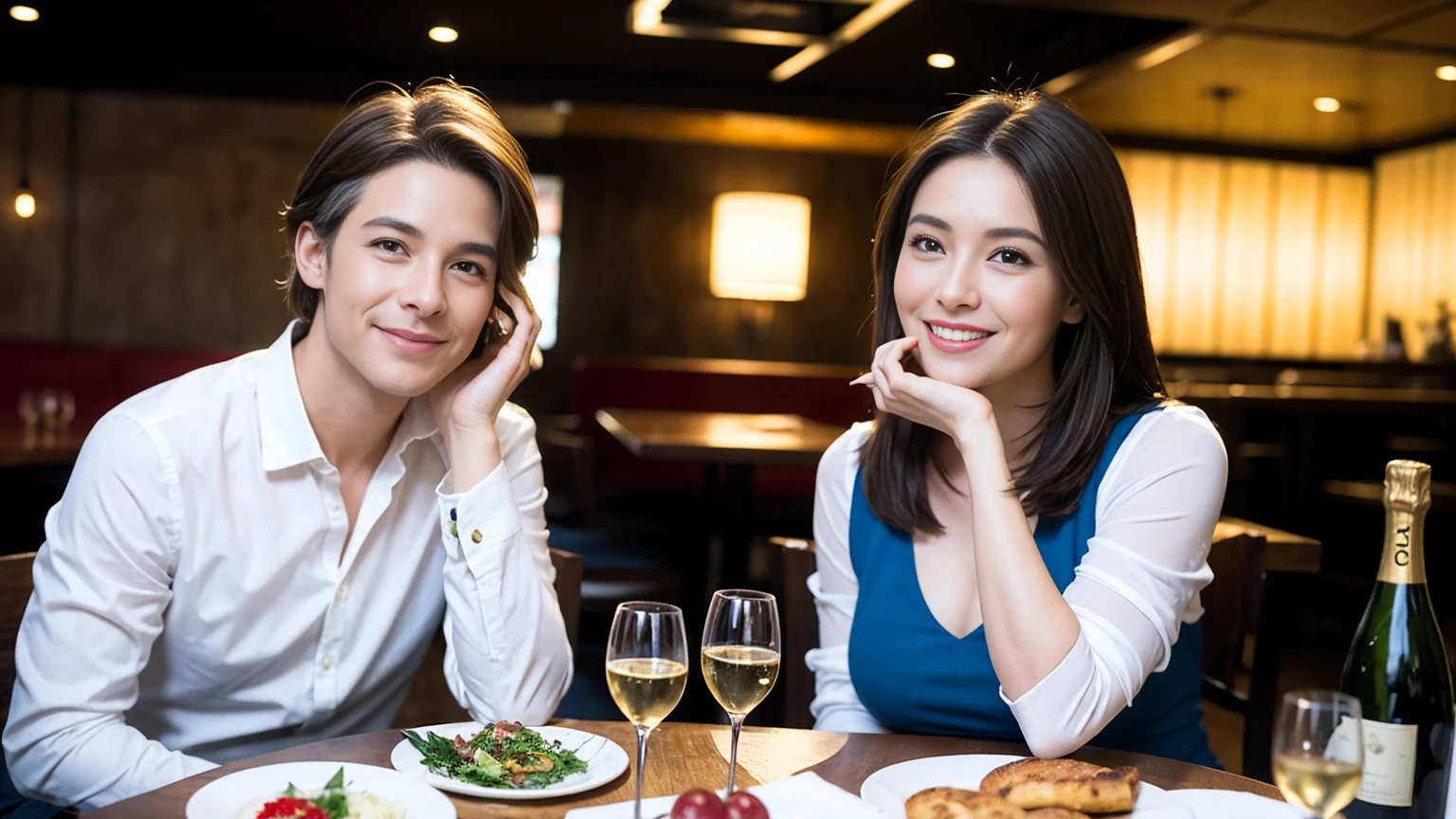 ((Highest quality、8K、masterpiece:1.3))、1 male 1 female、Slim Beauty、Beautiful couple、smile、full-course dinner、 (Slim face), (the body is スリム), (Brown Hair), (Shortcuts), ((Bob Hale、Straight hair:1.2)), テーブルの上のwine glass、Shine light on your face、 Amazing view of the sunset sky and clouds、smileの美しさ、Bright image、Blushing, Shortcuts, (Age 35), 39 years old, Appetizers、Italian food、Wine bottle、Champagne、sparkling wine、Long sleeve shirt、Blue Dress、Attractive beauty、restaurant, Nova Frog Style, actress, model, Upper Body, White wine, red wine, wine glass,