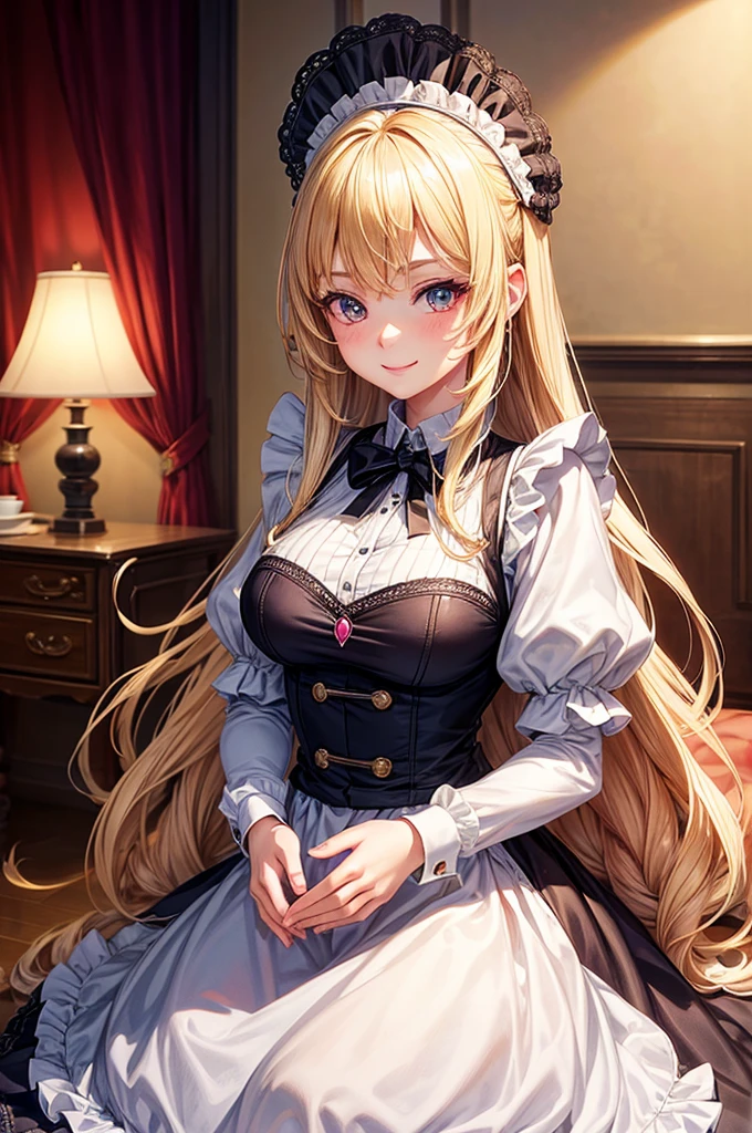 18 years old beautiful girl, big eyes, Large Breasts, Petite and slim, 8K, top quality, (Very detailed header: 1.0), (very detailed face: 1.0), (very fine hair: 1.0), maid uniform, Very detailed official artwork, Anime cute art style, Clean and detailed anime art, Smile, blond hair, smooth long hair