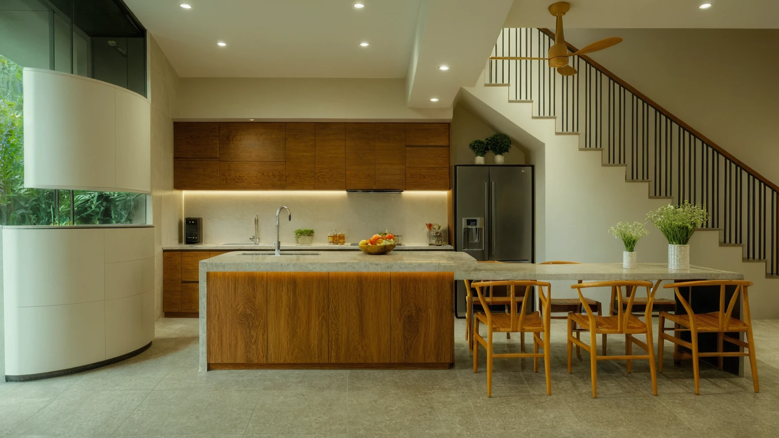 Villa kitchen interior, open space, Vietnam, minimalist design style, natural light --ar 16:9 --v 5, RAW image, 8k uhd, dslr, soft light, high quality, film grain, Fujifilm XT3, vivid colors, (actual:1.2)
