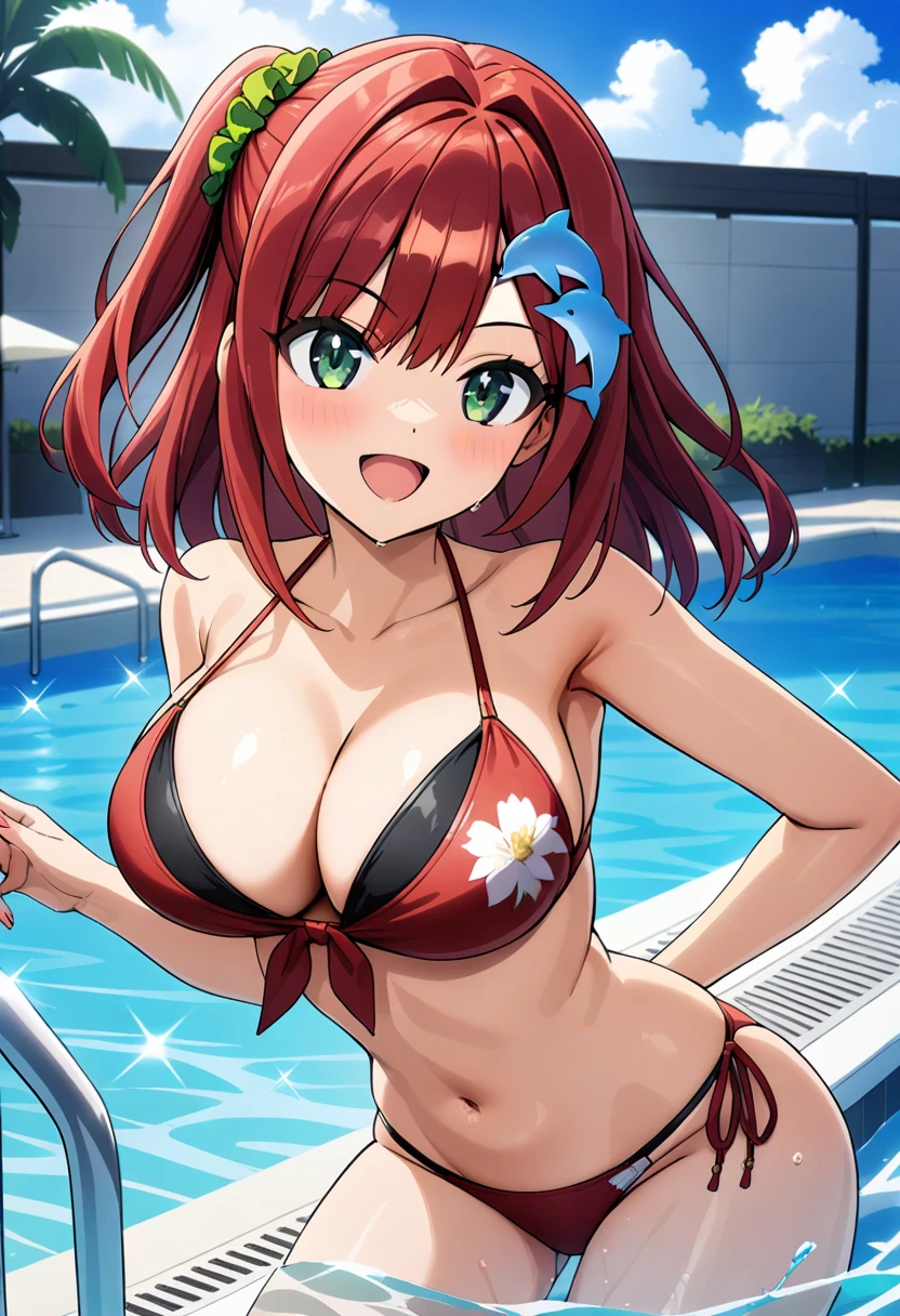 1girl, sakimiya iruka, dolphin wave, red hair, one side up, green scrunchie, hair ornament, green eyes, 
bikini, smile, 
pool, 
masterpiece, best quality, very aesthetic, newest, cinematic lighting, highres, absurdres, incredibly absurdres, 