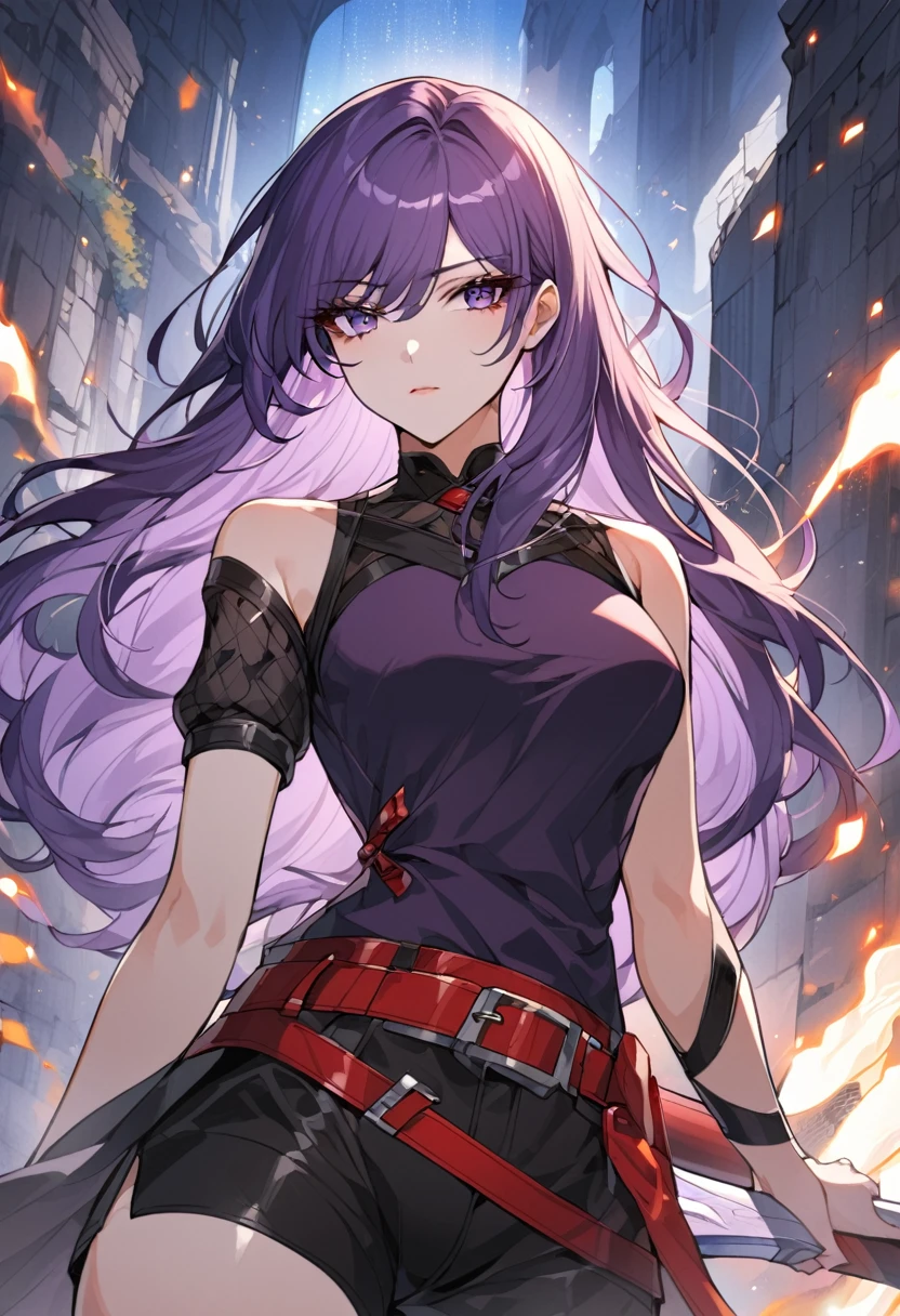 One a beautiful and calm woman, she has dark purple hair mixed with light purple hair at the ends of her hair, she wears black shorts and she wears a dark purple top with a red belt accessory, she has a sword which is a symbol of justice. Manhwa style.