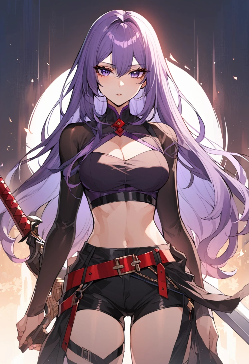 One a beautiful and calm woman, she has dark purple hair mixed with light purple hair at the ends of her hair, she wears black shorts and she wears a dark purple top with a red belt accessory, she has a sword which is a symbol of justice. Manhwa style. 