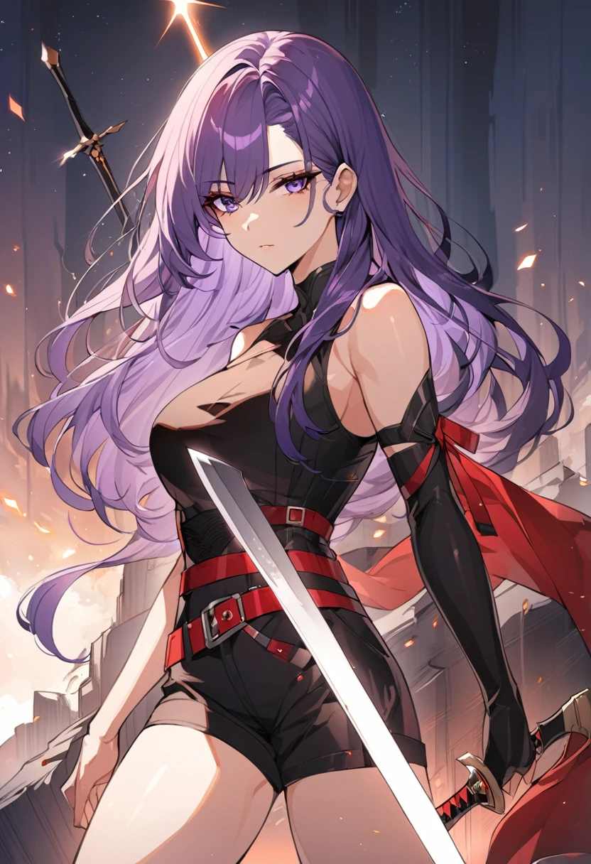 One a beautiful and calm woman, she has dark purple hair mixed with light purple hair at the ends of her hair, she wears black shorts and she wears a dark purple top with a red belt accessory, she has a sword which is a symbol of justice. Manhwa style.