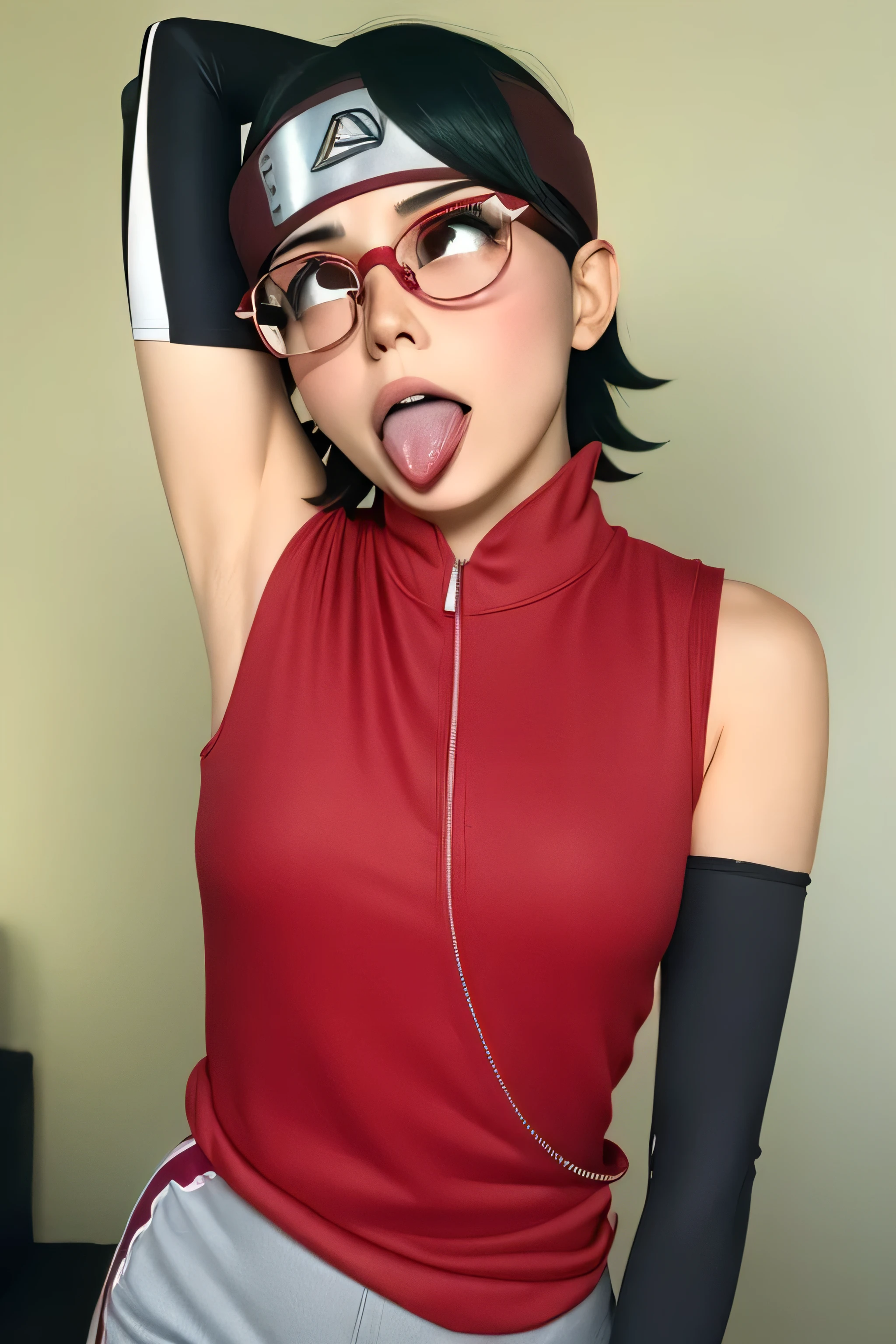 1 girl, standing, beautiful Sarada Uchiha, 18 years old, Cups, Black thighs, arm warmers, forehead protector, shorts, short hair, big chest, black eyes wearing glasses, small hips, big ass, capture anime screen, Sarada is 18 years old, mature appearance,armpits,sweat,sweaty,sweaty armpits,arms up,showing armpits,awesome armpits,outfit,blackish red arm warmers,maroon arm bands,matoon arm warmers