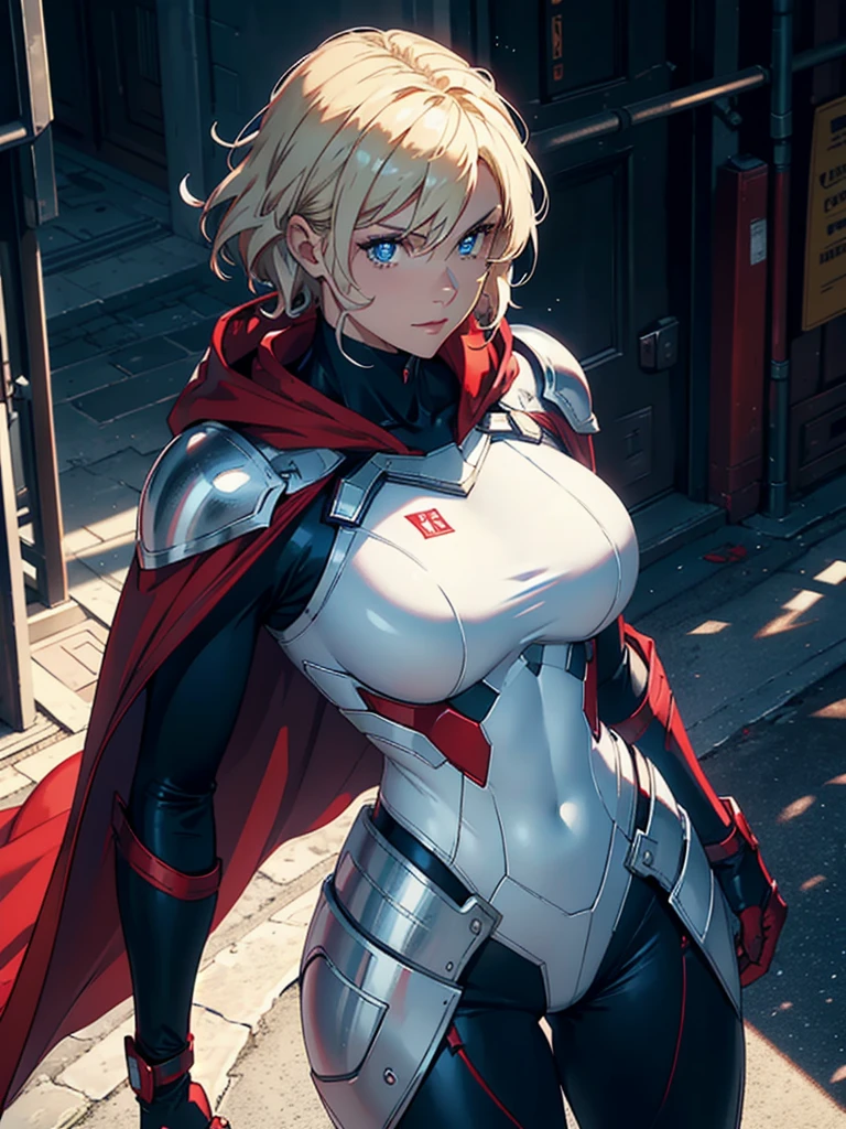 16K, HDR,UHD, RTX, ray tracing, chiaroscuro, best quality, masterpiece, ethereal, perfect illustration, digital artwork, trending on artstation, jaw-dropping perfection, ultra realistic, textured amazing lighting effects, perfect shadows, WLOP, 1girl, beautiful mature edgy woman in a cool long jacket and black pants, superhero suit, stomach covered by clothing, short hair, very short hair, wavy hair, white-blonde hair, blonde hair, highly detailed glowing blue eyes, glowing eyes, blue eyes, beautiful glowy blue eyes, detailed eyes, beautiful face, perfect anatomy, broad shoulders, strong upper-body, modern city, city, beautiful weather, stunning sunshine, sunny, daylight, sunlight, sunlight from above, red cape, daytime, superhero, uplifting, heroic, heroic pose, athletic, hands near hips, glowy eyes, daytime, white and red superhero suit, metallic suit, red lines on suit, metal shoulder-pads, summertime, radiant sunlight, beautiful cityscape, hair blowing in wind, manly shoulders, manly shoulders, very tall, cape, red cape, red hands, long red gloves, red gloves, armoured forearm, armoured shoulder-pads, chrome shoulder-pads, chrome forearm armor, red gloves, big smile, chrome torso