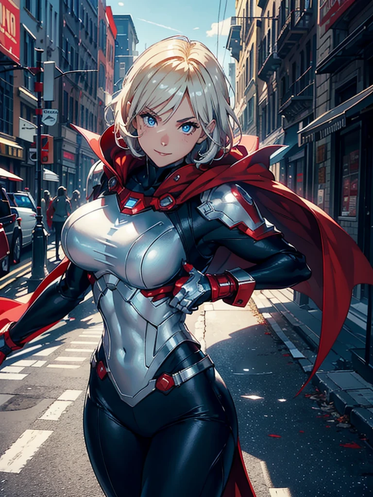 16K, HDR,UHD, RTX, ray tracing, chiaroscuro, best quality, masterpiece, ethereal, perfect illustration, digital artwork, trending on artstation, jaw-dropping perfection, ultra realistic, textured amazing lighting effects, perfect shadows, WLOP, 1girl, beautiful mature edgy woman in a cool long jacket and black pants, superhero suit, stomach covered by clothing, short hair, very short hair, wavy hair, white-blonde hair, blonde hair, highly detailed glowing blue eyes, glowing eyes, blue eyes, beautiful glowy blue eyes, detailed eyes, beautiful face, perfect anatomy, broad shoulders, strong upper-body, modern city, city, beautiful weather, stunning sunshine, sunny, daylight, sunlight, sunlight from above, red cape, daytime, superhero, uplifting, heroic, heroic pose, athletic, hands near hips, glowy eyes, daytime, white and red superhero suit, metallic suit, red lines on suit, metal shoulder-pads, summertime, radiant sunlight, beautiful cityscape, hair blowing in wind, manly shoulders, manly shoulders, very tall, cape, red cape, red hands, long red gloves, red gloves, armoured forearm, armoured shoulder-pads, chrome shoulder-pads, chrome forearm armor, red gloves, big smile, chrome torso