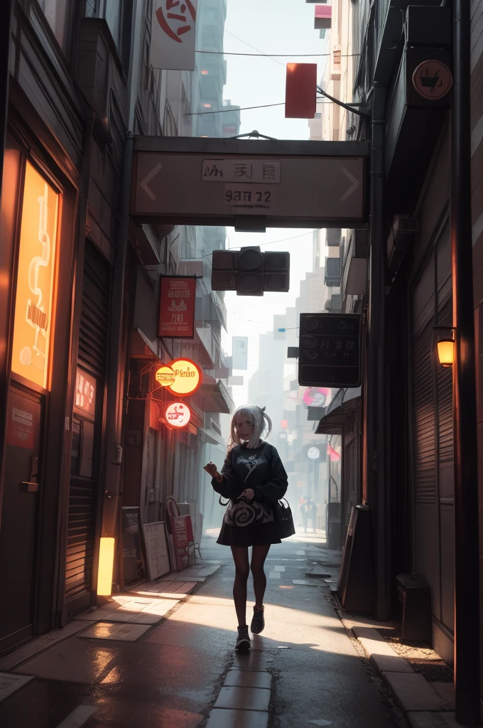 retracted image of a city with alleys to street, super detailed, masterpiece, best quality, ultra quality, absurd details, best light, best shadow, sharp, sharp image, detailed, extremely detailed, great resolution, 8k, 4k, uhd, volumetric, bright sprite, particle effects, beautiful effects, neon, neon light, sunbeam, sunlight, (character on the street)