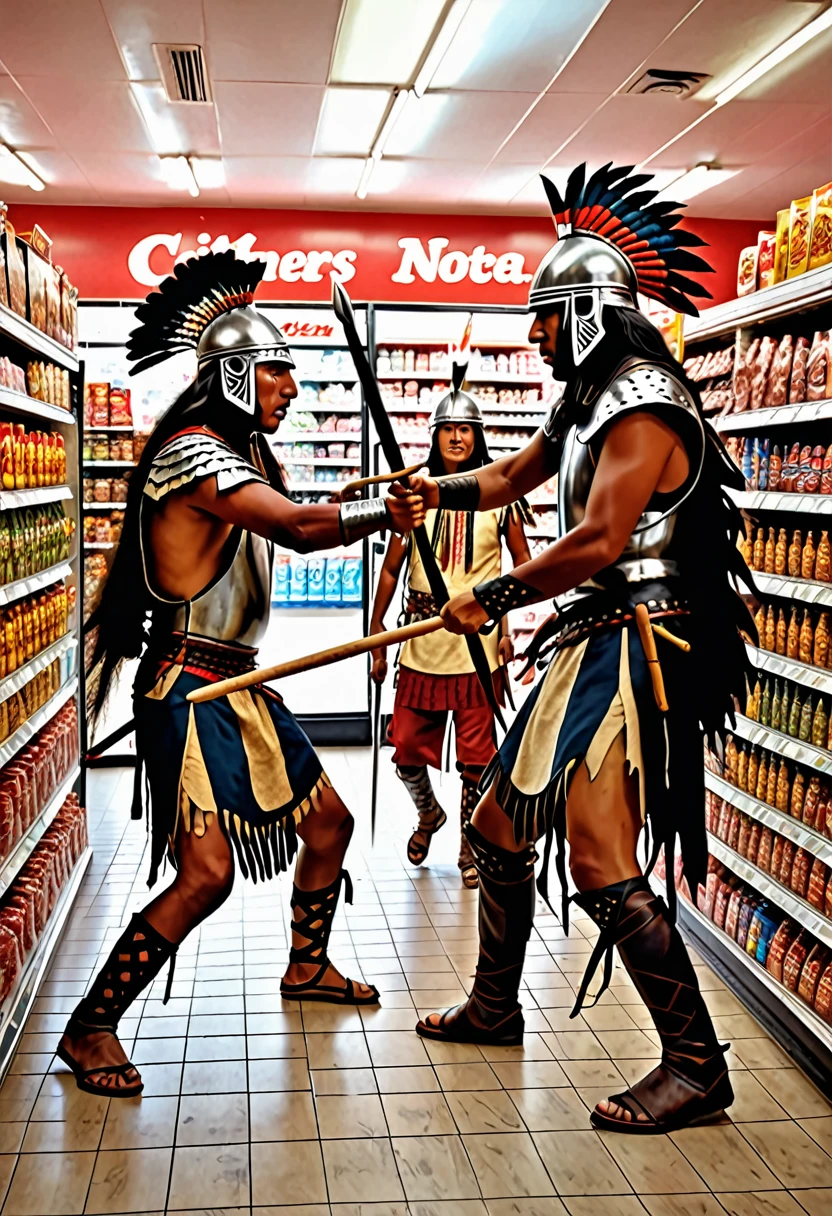 Native Indians fighting medieval knights inside of a convenience store, with meat sticks, photo realistic, real picture
