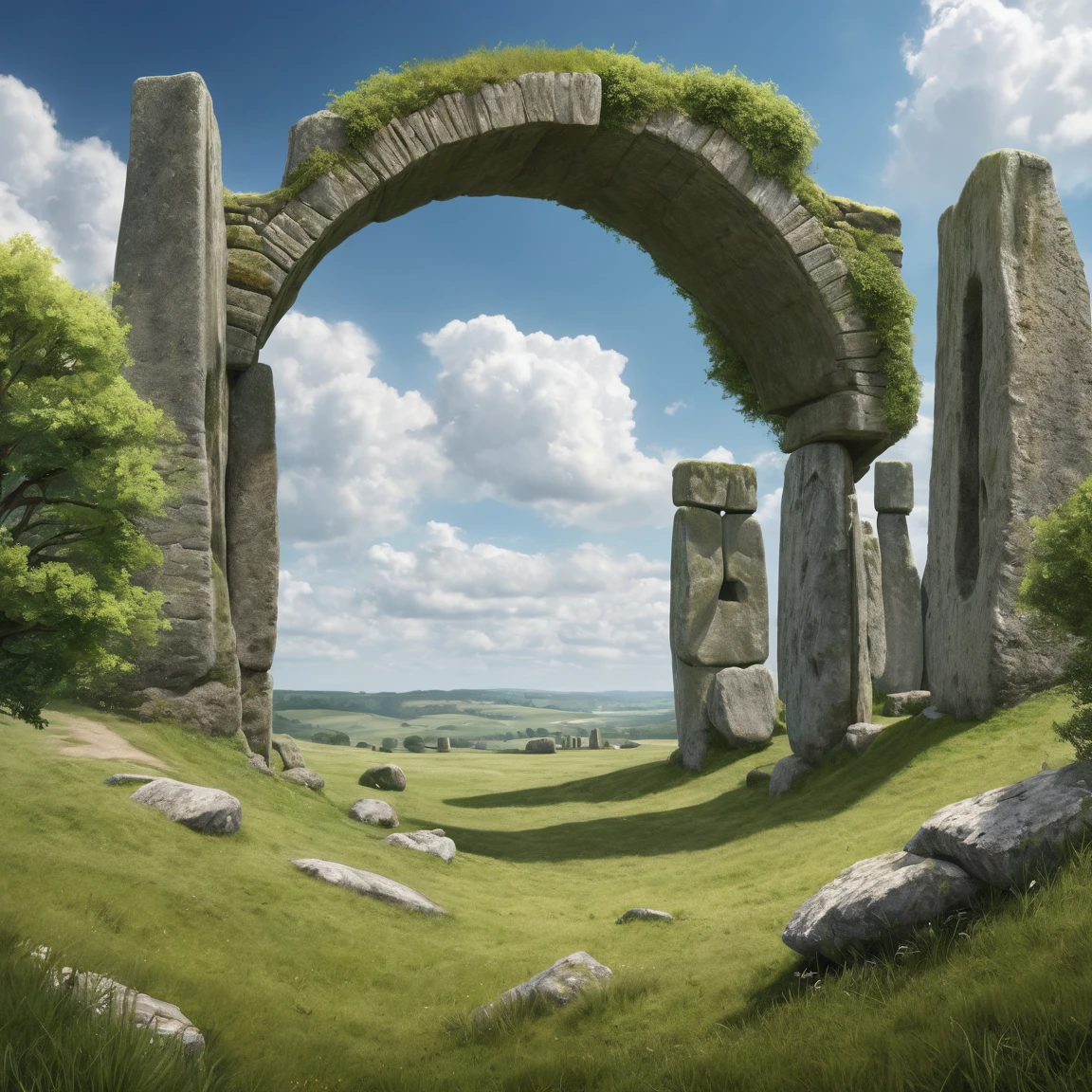 ((best quality)), ((masterpiece)), ((realistic,digital art)), (super detailed), (grande cercle de pierre au sommet d'une colline), view from the ground, (style medieval fantasy), stonehenge, large oak