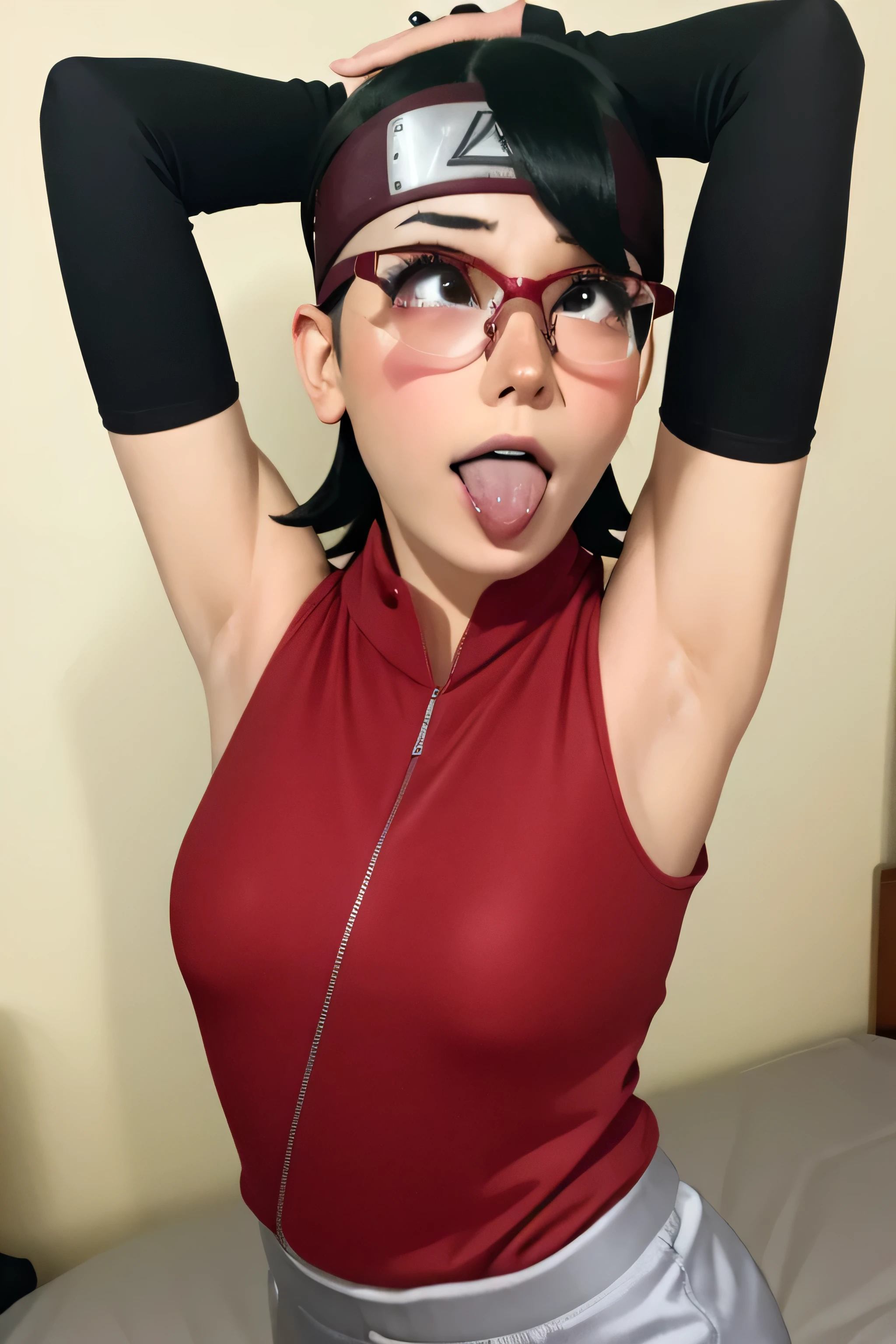 1 girl, standing, beautiful Sarada Uchiha, 18 years old, Cups, Black thighs, arm warmers, forehead protector, shorts, short hair, big chest, black eyes wearing glasses, small hips, big ass, capture anime screen, Sarada is 18 years old, mature appearance,armpits,sweat,sweaty,sweaty armpits,arms up,showing armpits,awesome armpits,outfit,blackish red arm warmers,maroon arm bands,matoon arm warmers