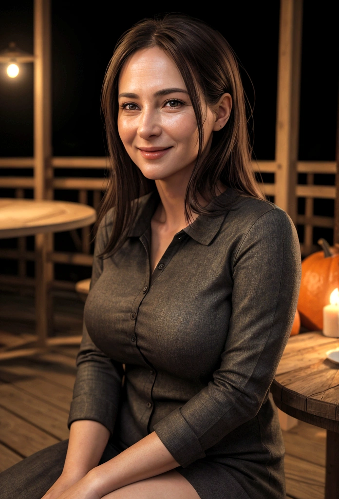 (8K, RAW Photos, Highest quality, masterpiece:1.2), (Realistic, photo-Realistic:1.37), Super detailed, 40 years old,1 female,round face,cute, alone,Talking,night,Sitting,Date,(smile:1.1),(Reduce skin exposure),Autumn Clothes