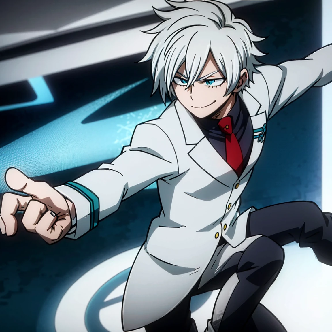 1boy, male focus, solo, muscular body, short hair, wavy hair, white hair, turquoise eyes, smile, gray jacket, red tie, white shirt, teal pants, boots, ice, snow background, light, handsome