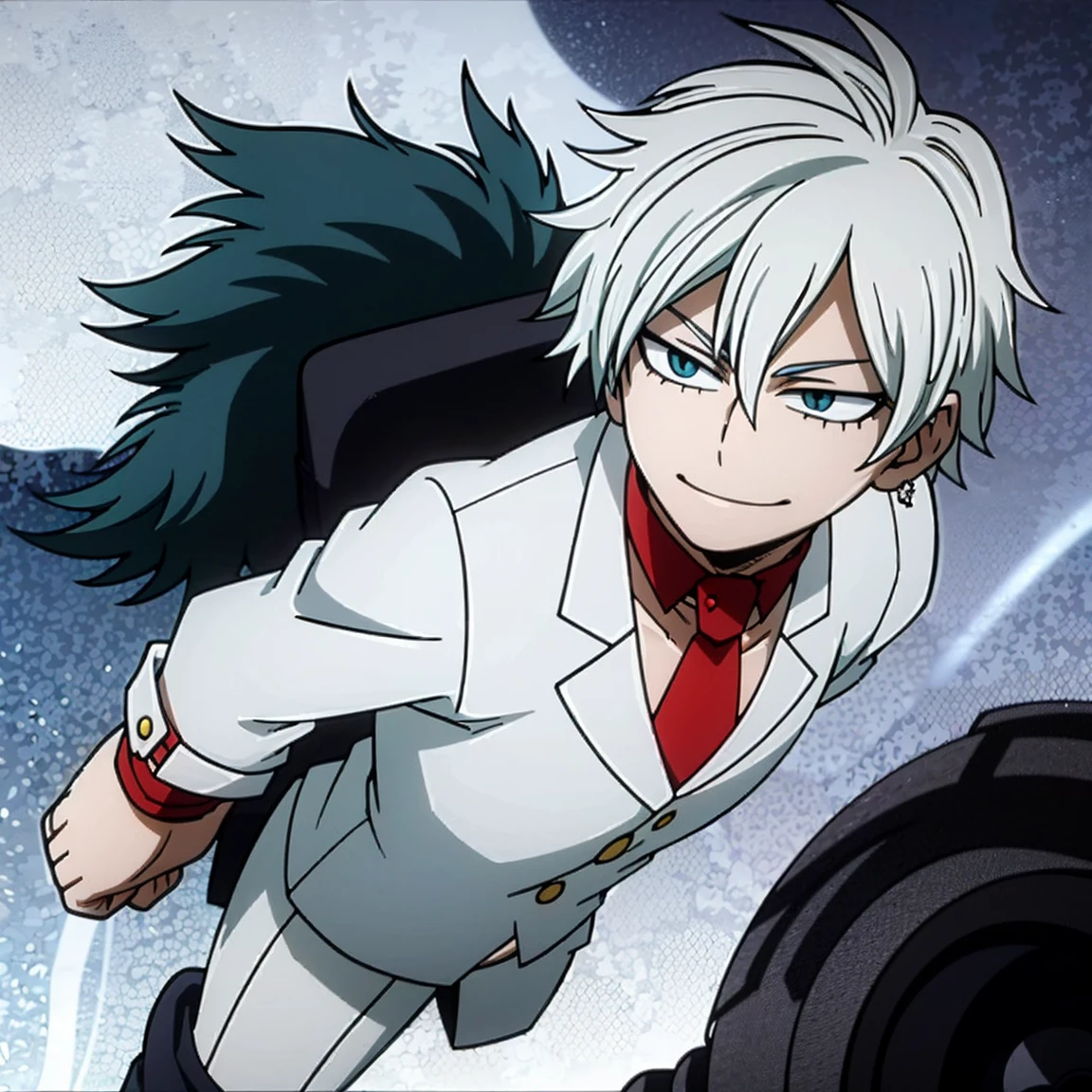 1boy, male focus, solo, muscular body, short hair, wavy hair, white hair, turquoise eyes, smile, gray jacket, red tie, white shirt, teal pants, boots, ice, snow background, light, handsome