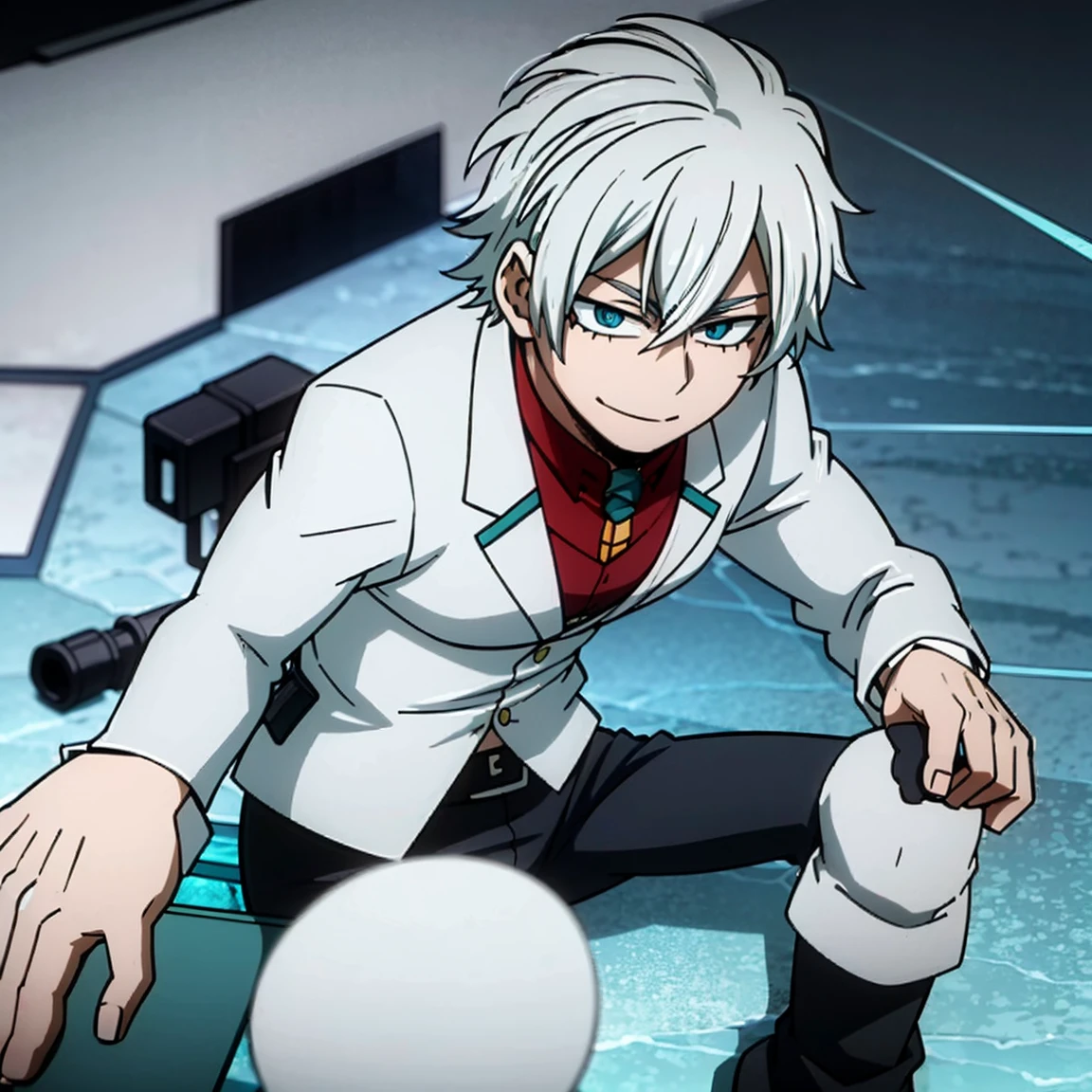 1boy, male focus, solo, muscular body, short hair, wavy hair, white hair, turquoise eyes, smile, gray jacket, red tie, white shirt, teal pants, boots, ice, snow background, light, handsome