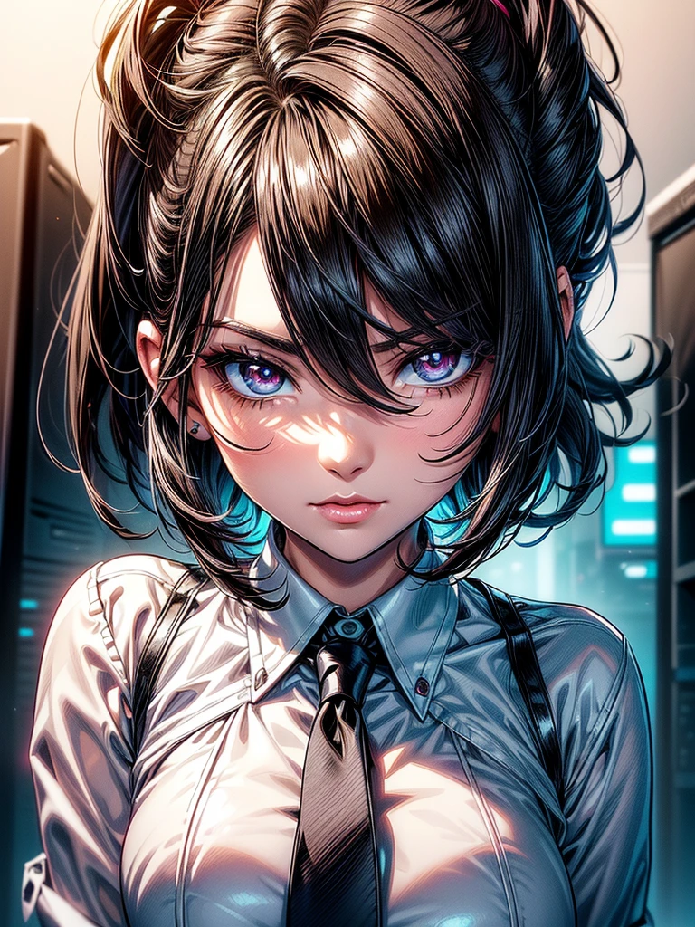 (masterpiece)(8k)(cute)(25-year old woman)(1girl:1.5)(solo:1.8)(wild hair:1.3)(short hair:1.3)(black brown hair)(shiny hair:1.2)(hair over one eye:1.5)(hairbun:1.2)(small breasts:1.4)(black pupils:1.4)(glossy skin:1.4)(glossy lips)(dark, glossy eye-shadow:1.5)(dark eyelashes:1.4)(white office shirt:1.6)(long black necktie:1.4)(seductive pose:1.3)(metropolis:1.2) rossdraws pastel vibrant, rossdraws cartoon vibrant, style anime 8k, beautiful portrait, artgerm colorful!!!, ! dream artgerm, beautiful anime girl, styled digital art, art wallpaper 8k, digital art, extremely detailed artgerm,