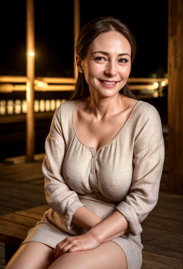 (8K, RAW Photos, Highest quality, masterpiece:1.2), (Realistic, photo-Realistic:1.37), Super detailed, 40 years old,1 female,round face,cute, alone,Talking,night,Sitting,Date,(smile:1.1),(Reduce skin exposure),Summer clothes