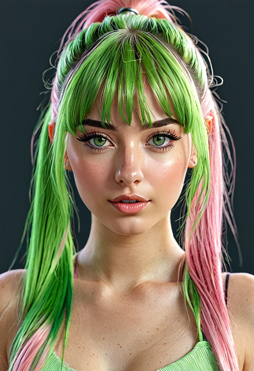 Portrait, photorealistic, realistic, girl, green eyes, clear skin, soft makeup, (very long streaked green/pink hair), bangs, ponytail, realistic soft skin, tight body,