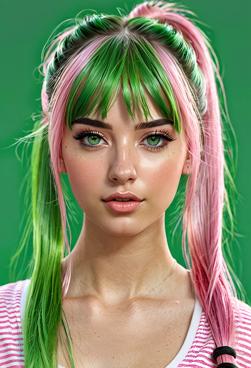 Portrait, photorealistic, realistic, girl, green eyes, clear skin, soft makeup, (very long streaked green/pink hair), bangs, ponytail, realistic soft skin, tight body,