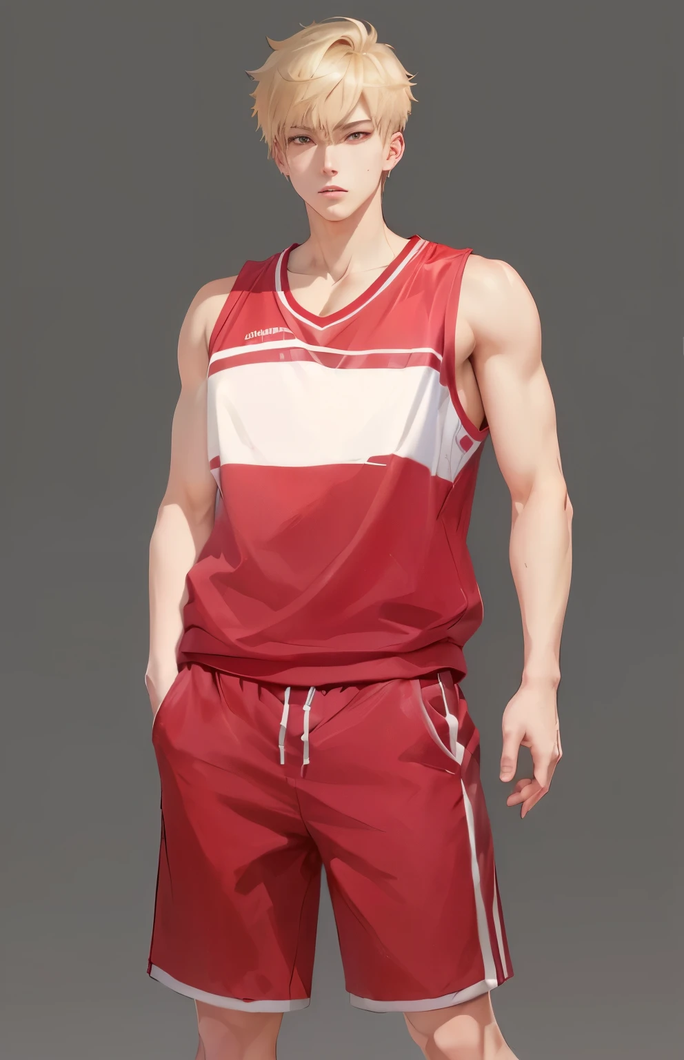blond、Cartoon character in red shorts standing in front of gray background, Produced in collaboration with Anime Painter Studio, Shikano Makoto, In the anime painter studio, Gu Weiss, Unrealistic character concept, Smooth anime CG art, Short full body portrait!, Inspired by Border Guardians, Single Boy concept art, Wearing a track suit, Full body portrait