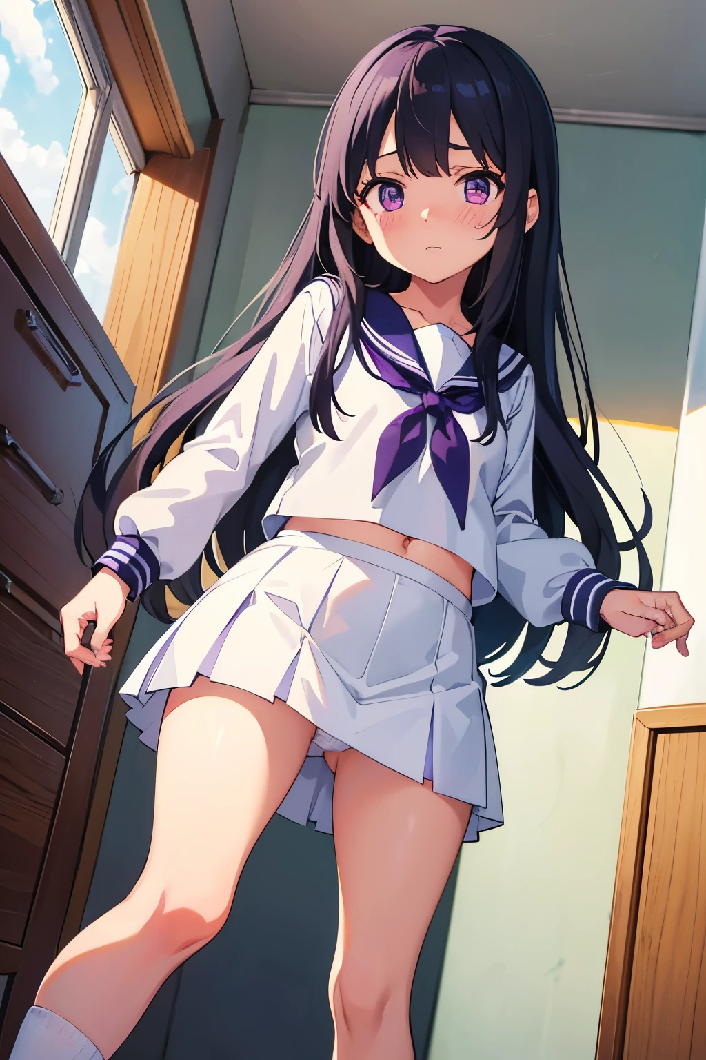 Elementary school girl, , flat chest, black hair, long hair, purple eyes, embarrassed expression(One person) White sailor suit on the upper half, navy blue miniskirt on the lower half White panties((I can see her panties))White socks girls room Are standing Dynamic Angle Low - Angle