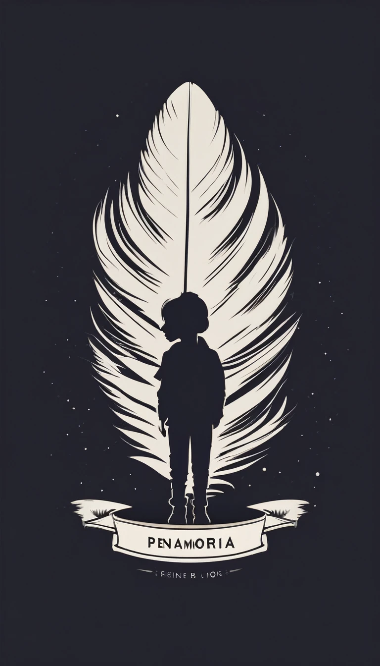 A minimal, modern, simple, cinematic logo design for the brand “Penamemoria". The logotype of a boy with a head of a feather playing acoustic guitar. The logo must convey a sense of music, stories and dreams. Minimalistic logo design of a boy dissolving into a feather of dreams and memories